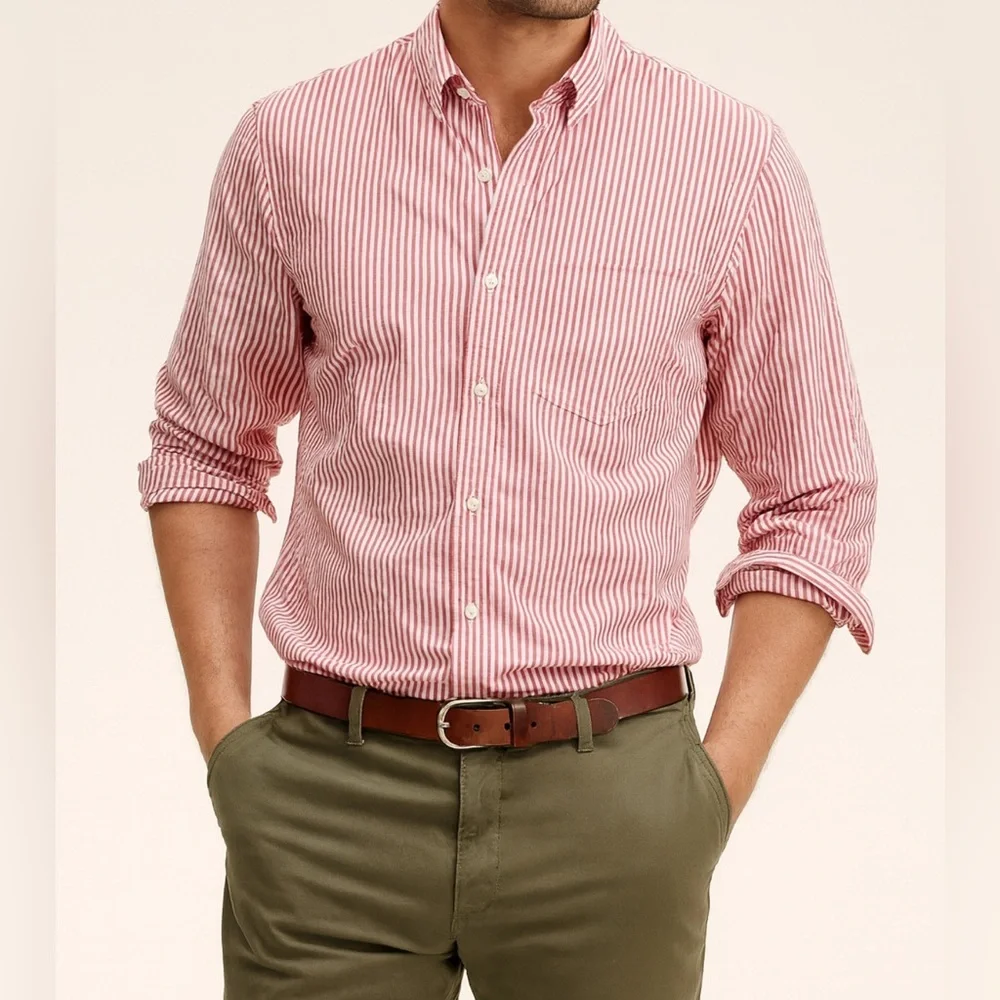 Banana Republic men’s red striped 100% cotton button shirt sz L beachy breathabl